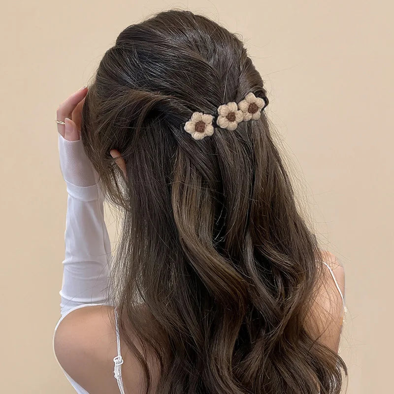 MIO 10cm  Handmade Knitted Crochet Flowers  Lovely Wool-liked Fabric Braided Hair Clip Elegant  French Barrette  Hair Pins