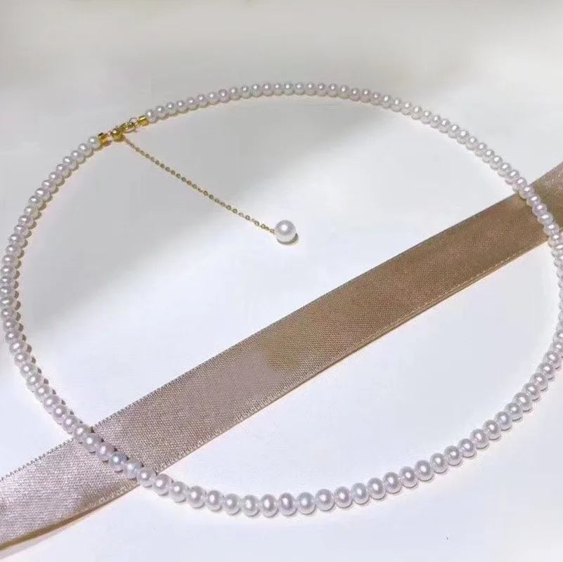 Elegant 14k Gold Filled Jewelry White 3-4mm Natural Fresh Water Pearl Choker & Necklace Classic Link Chain for Girls' Party Gift