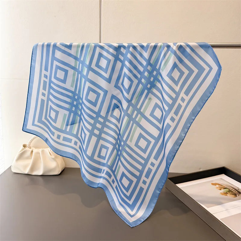 Fashion Geometry Pattern Silk Feeling Square Scarves for Ladies 70*70CM Polyester Silk Scarf Plaid Printed Small Neckerchief