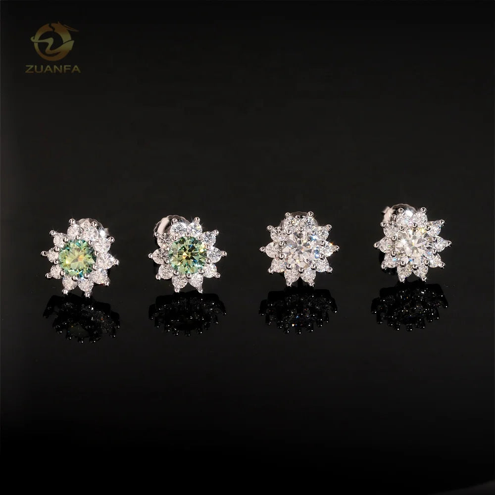 Fine Jewelry 925 Sterling Silver Screw Back Blue Green Moissanite Diamond Sunflower Hip Hop Stud Earrings
