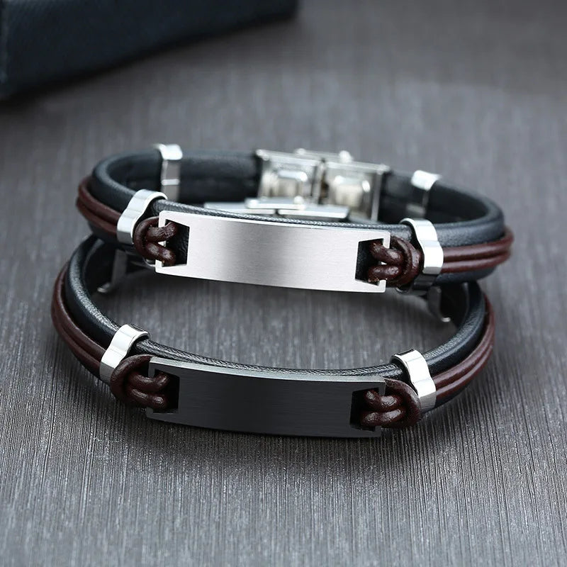 Hip Hop Custom logo Men's Genuine Leather Bracelet Stainless Steel Clasp Simple Men's Bracelet Jewelry Wholesale