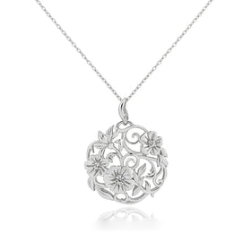 020028 S925 Sterling Silver Filigree Flower Henna Circle Pendant Necklace White Gold Plated Flower Pendant Necklace for Women's