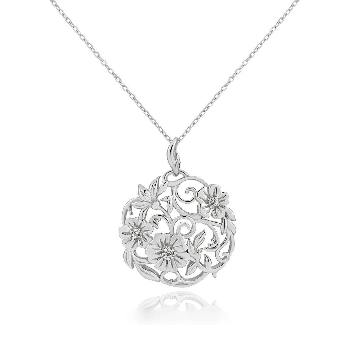 925 Sterling Silver Filigree Flower Henna Circle Pendant Chain Necklace White Gold Plated Flower Pendant Necklace for Women's