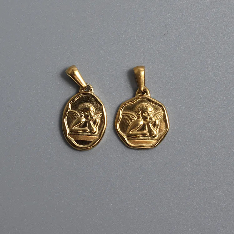 Fashion 18K Gold Stainless Steel Women Guardian Angel Jewelry Cherub Oval Pendant Medal Charm Cupid Angel Pendant