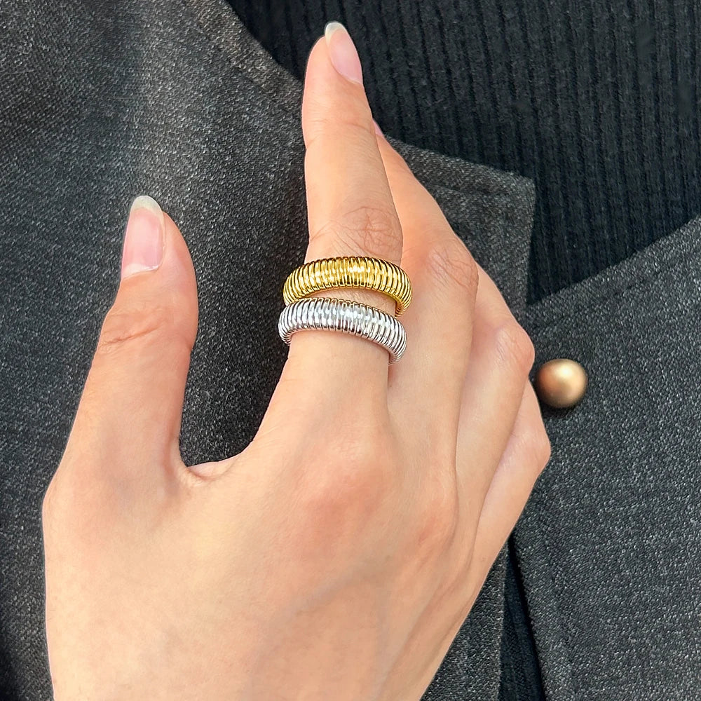 Punk 6mm 18K Gold Plated Texture Stainless Steel Elastic Ring Hot Sale Factory Direct Customized Logo