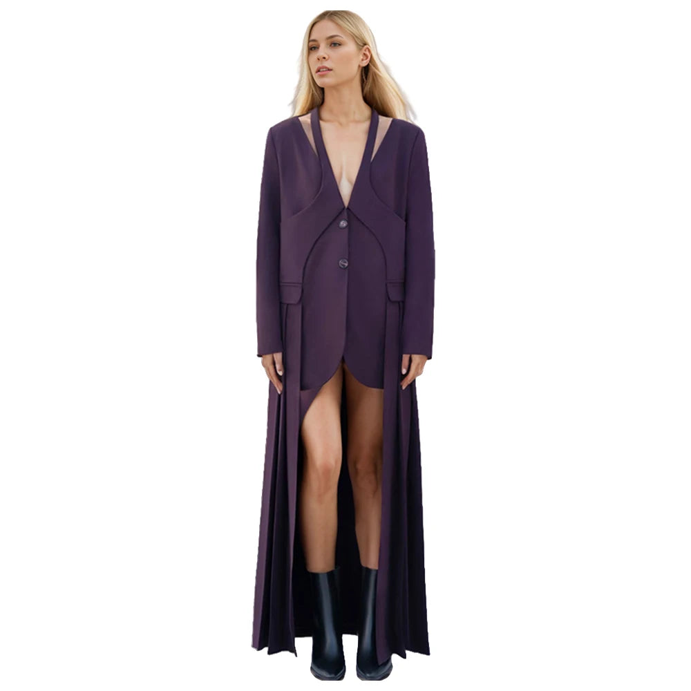 TWOTWINSTYLE Women's Blazer Autumn New V-neck Pleated Irregular Splicing Solid Pattern Button Decoration Long Boutique Wholesale