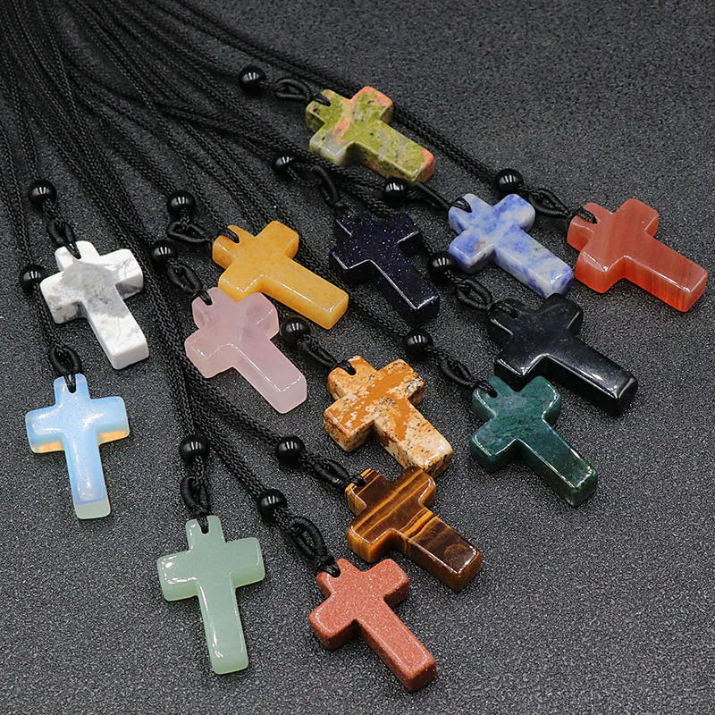 Vintage Jewelry Crystal Onyx Cross Necklace Semi-precious Stone Agate Cross Pendant Necklace for Gift