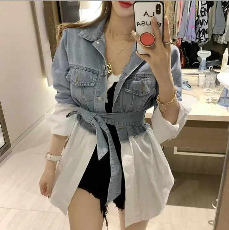 2021 New Arrivals With Belt White Shirt Spliced Patchwork Women Jeans Shirts Denim Blouse Denim Shirt Women Blouse
