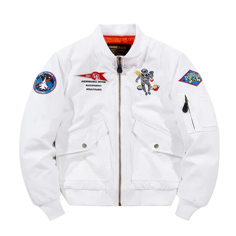 Men's 2023 Winter Casual White Nylon Puffer Bomber Jacket NASA-Style Zipper Eco-Friendly Breathable Waterproof Windproof