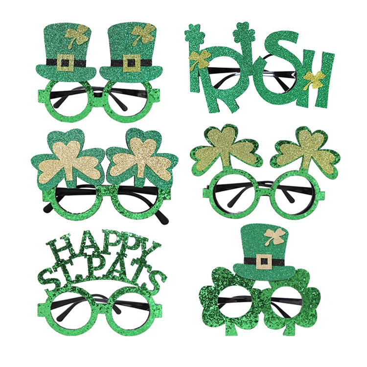 St. Patrick's Day Party Decorations Glitter Green Plastic Shamrock Eyeglasses and Clover Hat Eyewear Favors