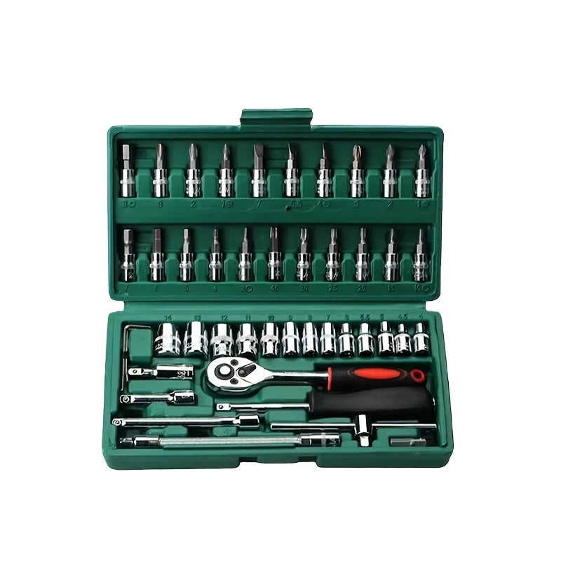 46pcs 1/4\" Drive Mechanic Tool Set Auto Household Repair Standard Depth Sockets Ratchet Torque Wrench Bit Hand Tools Hard Case