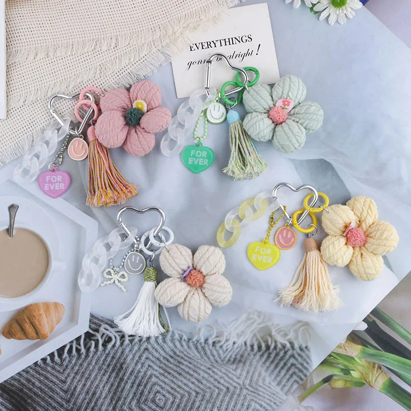 Handmade Fabric Flower Bag Charm Keychain Heart Keyring Cute Mini Tassel Purse Backpack Pendant Decoration Accessories for Girl