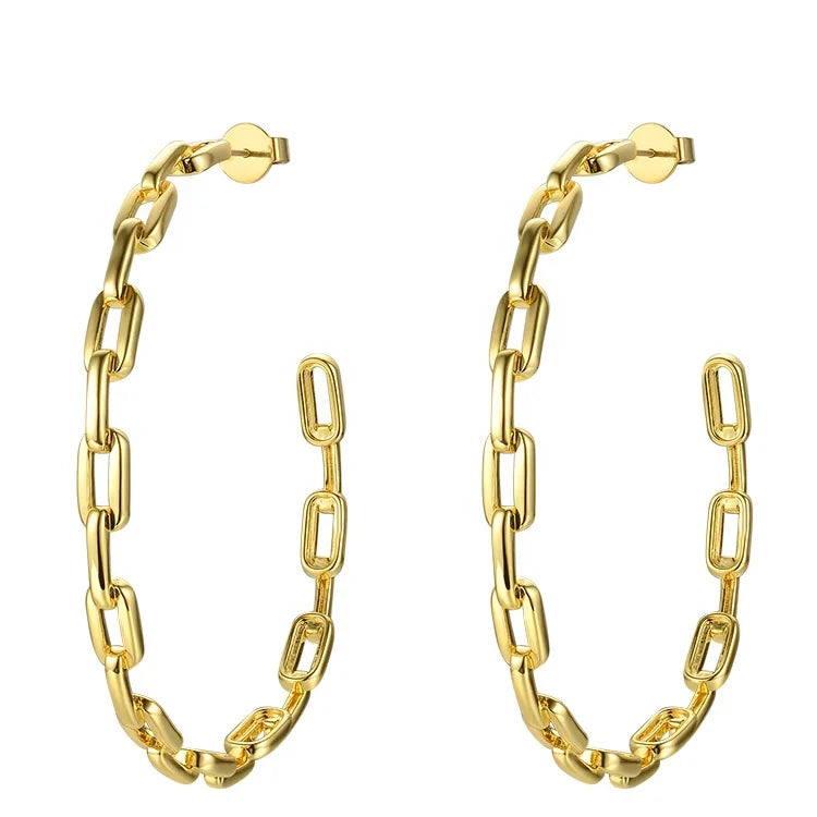 18K Gold Plated Brass Jewelry Link Chain Hoop Earrings  Big Circle Hoops C Shaped Wholesale Earrings  EF181083