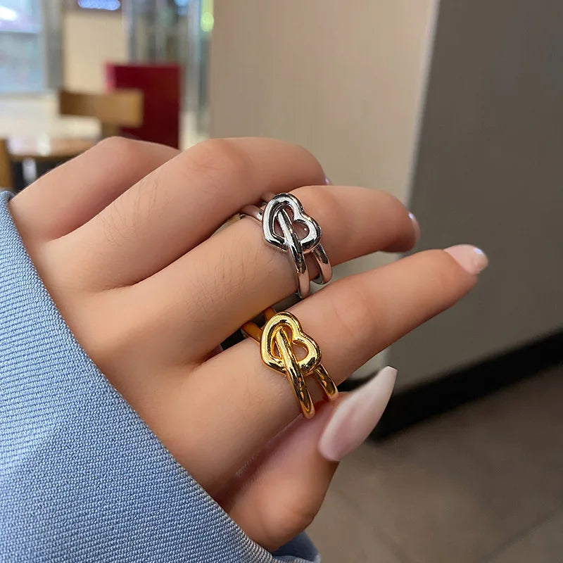INS Accessories Design Woven Love Heart Ring Vintage Temperament Elegant Adjustable Gold Plated Ring for Women