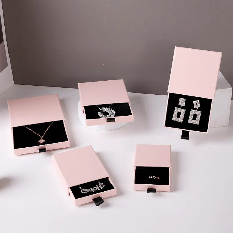 Custom pink Rigid Cardboard Paper Box Ring Necklace Earrings Drawer Jewelry Packaging Box With Your Own logo