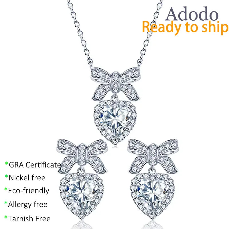Wholesale 1CT Heart Cut VVS1 GRA Moissanite Bow Knot Jewelry Set Fashion 925 Silver Necklace and Earring Set for Wedding Gifts