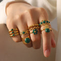 Ins Popular 18K Gold Plated Snake Green Stone Cross Ring Stainless Steel Layer Emerald Open Rings