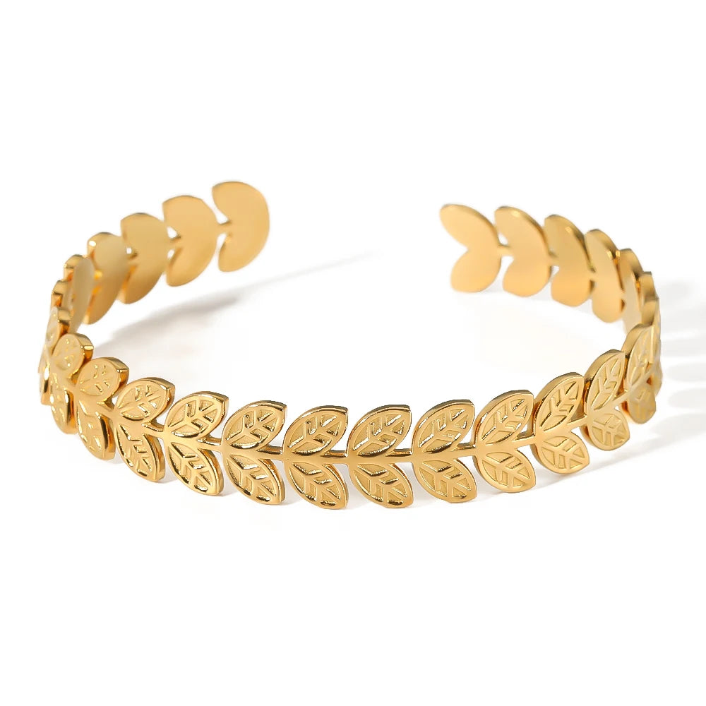 Wholesale Stainless Steel Geometric Flower Leaf C Shape Open Handmade Bangle Bracelet for Women