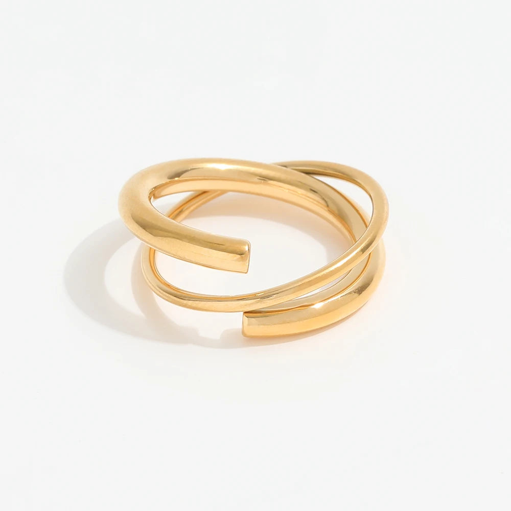Joolim High End 18K Gold Plated Stainless Steel Round Lines Double-layer Cross Rings for Women Finger Ring Wholesale