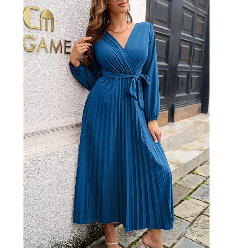 2025  New Arrival Fall V Neck Long Sleeve Vintage Solid Color Pleated Loose Casual Ladies Maxi Women's Long Dress Swing Dresses