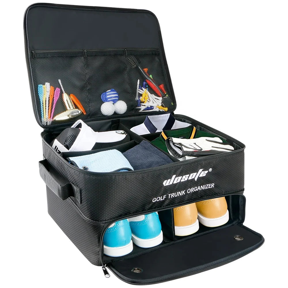 Factory Wholesale OEM ODM  Waterproof Polyester Thick Padding  2 Layer Trunk Organizer Logo Custom Golf Shoe Bags