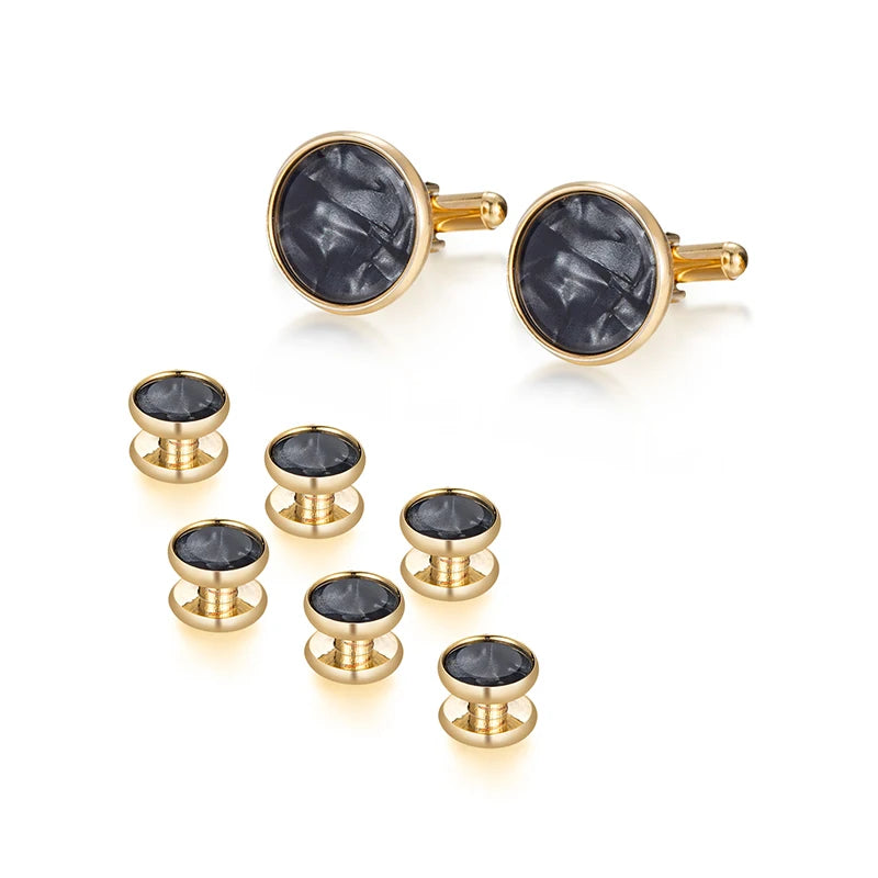 Ready to Ship Daili Colorful Pearl Shell Shirt Jewelry Gift 8 PCS Set Men Cufflinks and Studs Brass Round Cuff Links Button