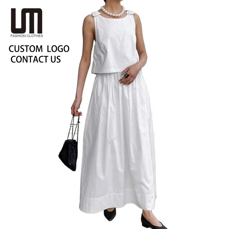 OEM New Arrival Women White Sleeveless Vest Top + High Waist A-Line Office Lady Skirt