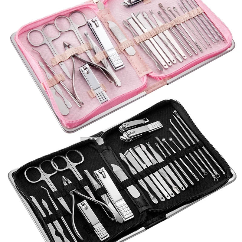 New 26PCS Professional Stainless Steel Silver Nail Clipper Set Travel Grooming Kit Manicure & Pedicure Set