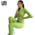 Custom Women's 2 Piece Outfit Set - Zipper Long Sleeve T-Shirt & Slim Pants (Solid Color Casual Wear for Daily & Office)