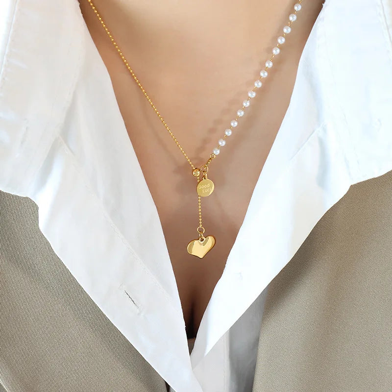 Stainless Steel Pearl Necklace With Heart Charm Adjustable Pearl Chain Necklace Heart Design Jewelry