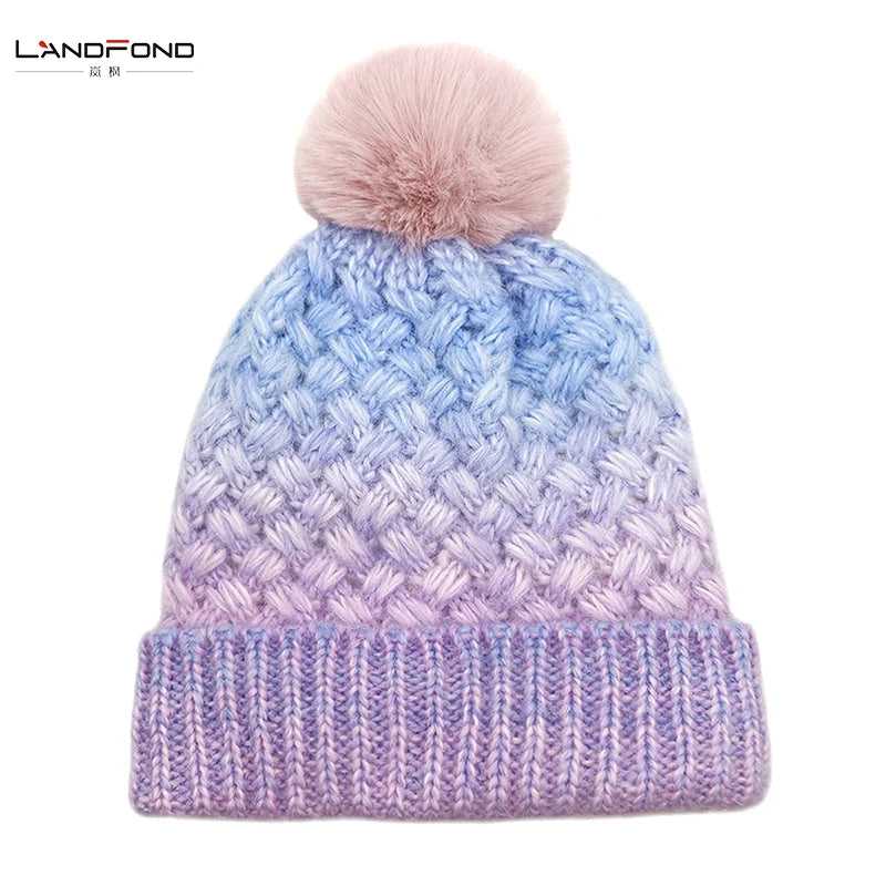 Landfond Accessory Gradient Color Winter Fleece Hat With Pompom Thickened With Warm Velvet Lining Beanie Hat
