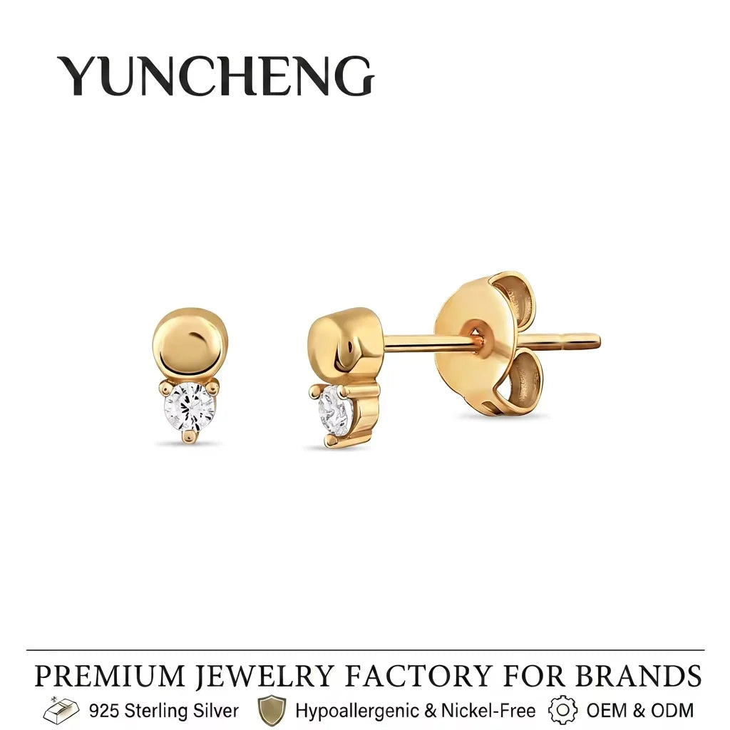 YUNCHENG 925 Sterling Silver 18K Gold Plated Micron Pave White Zircon Ball Stud Earrings for Girls Women Fine Jewelry Gift