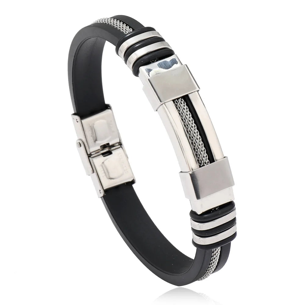 Fashion Stainless Steel Bracelet Rubber Silicone Wristband Bracelets for Men