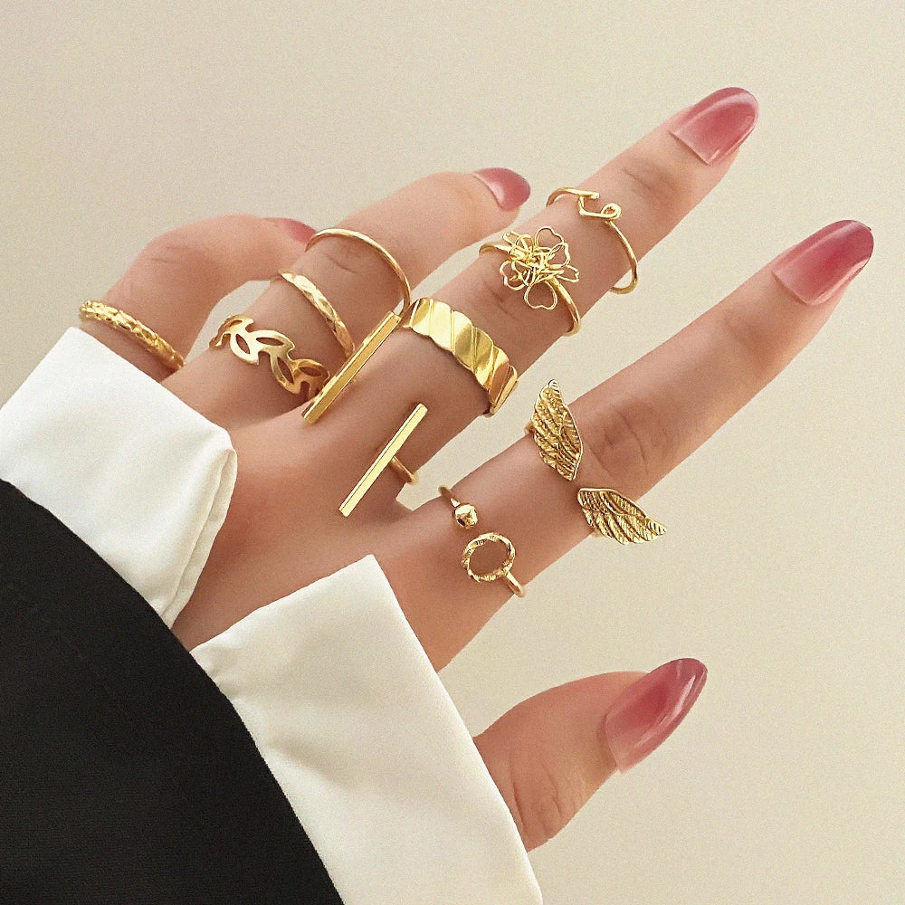 VKME Fashion Women Jewelry 10PCS Gold Plated Wings Leaf Flower Ring Set