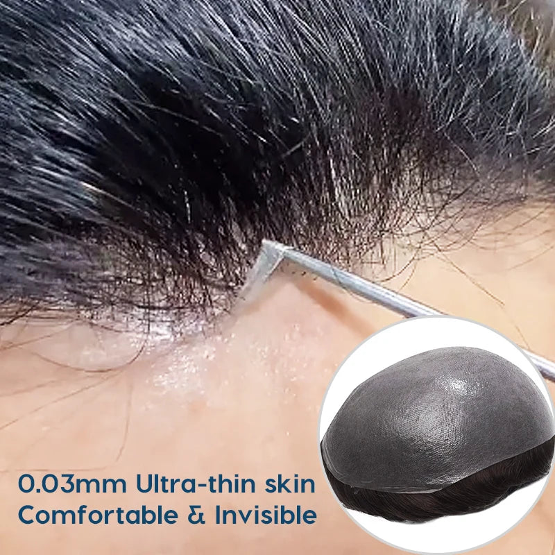 Natural Super Thin Skin Indian Remy Hair Toupee for Men Mens Hairpiece with Thin Skin PU Base Material