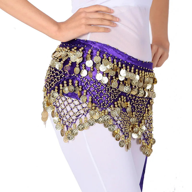 Drop Shipping Wholesale Stock Velvet Dance Wear Belly Dance Hip Scarf Coins Tassel Wrap Women's Belly Dancing Waist Dress Belt F