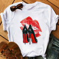 Simple Summer Blouse Women High Heels Shoes Printed White t Shirts Casual Short Sleeves Printed Basic Girl Cheap Tees Tops