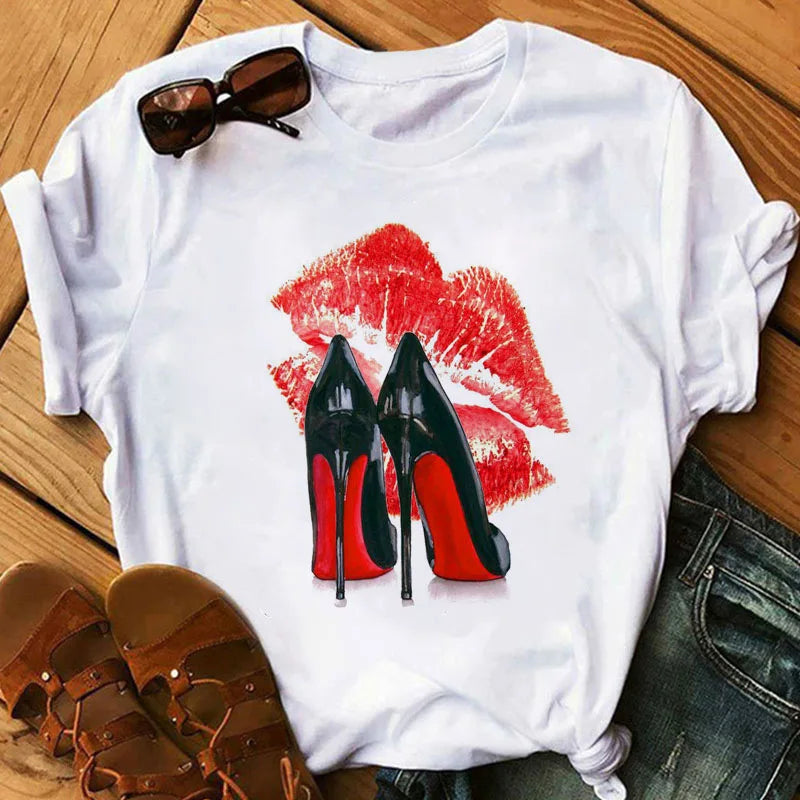 Simple Summer Blouse Women High Heels Shoes Printed White t Shirts Casual Short Sleeves Printed Basic Girl Cheap Tees Tops