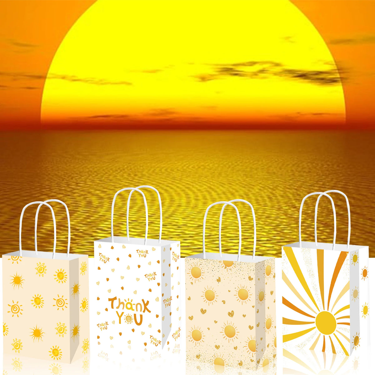 Huancai 12 PCS Sunshine Paper Bags with Handles Gift Goodies Snacks Candy Treat Bag for Kids Birthday Boh Sun Party Supplies