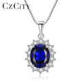 CZCITY Luxurious Blue Synthetic Sapphire Topaz Princess Diana Solid 925 Sterling Silver Gemstone Necklace Pendant