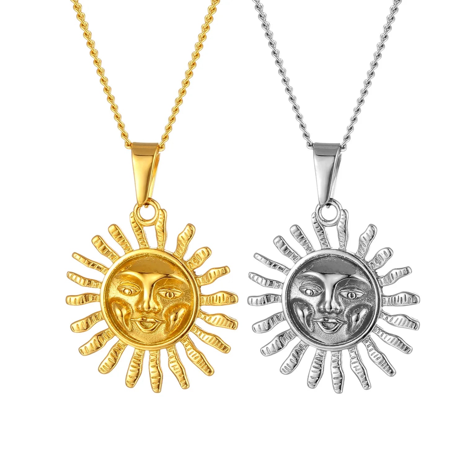 Vintage Sunflower Sun Face Pendant Charm 18K Gold Plated Women Boho Stainless Steel Sunshine Necklace