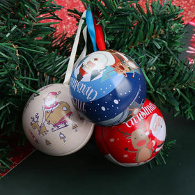 Wholesale Custom Printed Empty Metal Tinplate Ball Christmas Tree Ornament Gift Tin Ball Candy Box With Ribbon