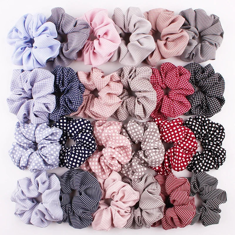 Fashion Women Girls Hair Accessories Polka Dot Plaid Print  Ponytail Holder Elastic Hair Scrunchies