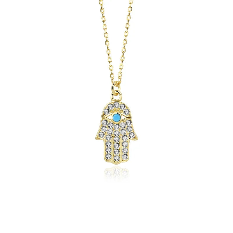 Daidan Turquoise Necklace 925 Evil Eye Hamsa 18K Zircon Hamsa Hand 18K Gold Plated Evil Eye Silver Chain Necklace