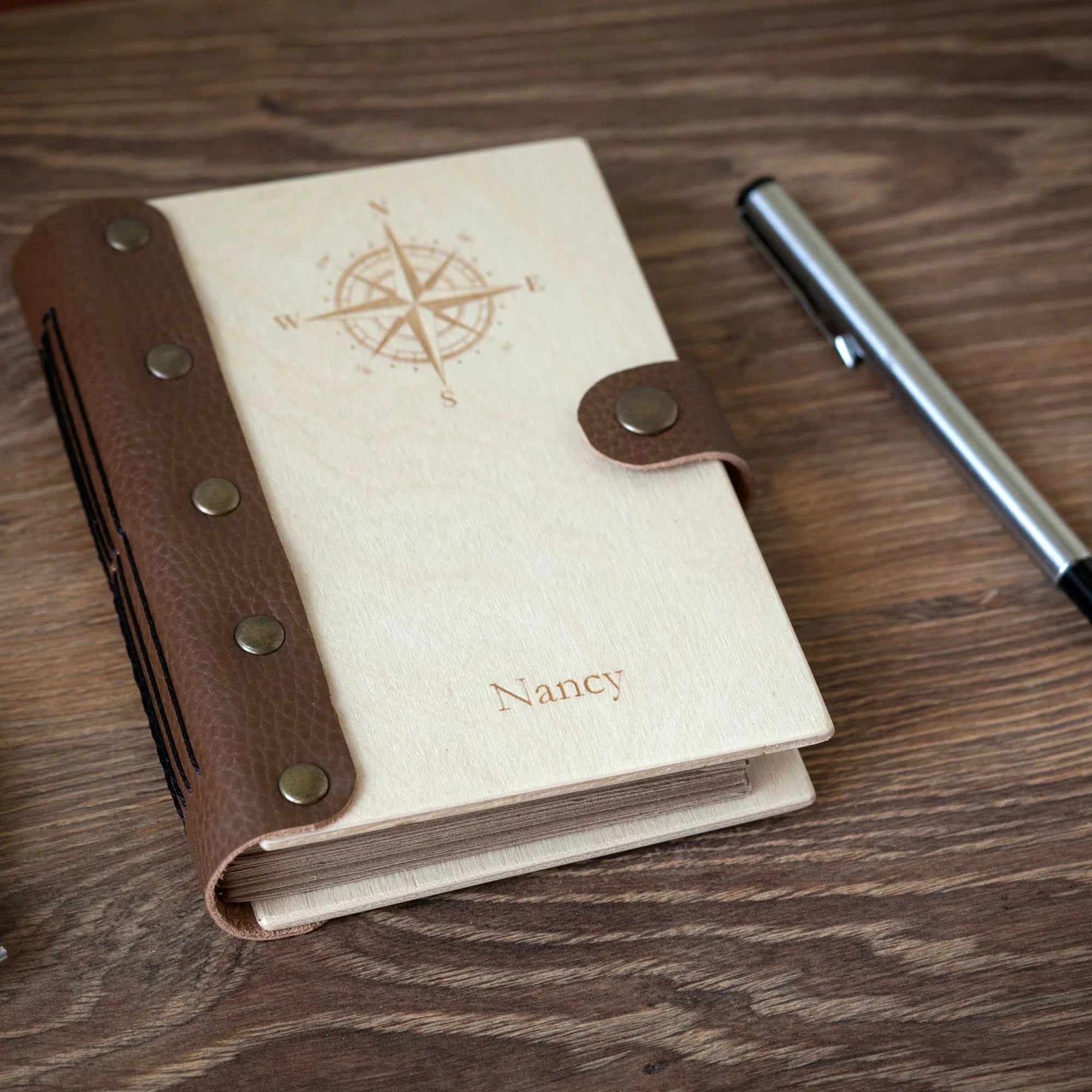 Promotional Personalized Pen Diary Notebook Gift Custom Compass logo Engraved Wooden Cover Notebook Wood Journal