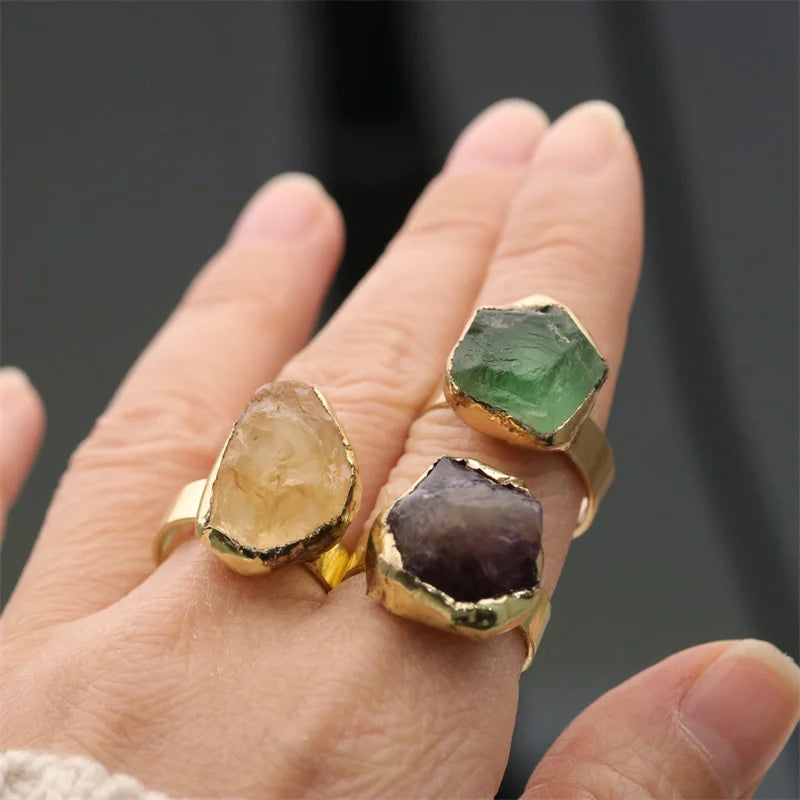 Raw Crystal Natural Gemstone Fluorite Tourmaline Amethyst Gold Bohemian Bezel Antique Bronze Plated Statement Ring for Women