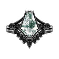 Fine Jewelry 925 Sterling Silver Black Rhodium Cubic Zircon Crown Moss Agate Ring
