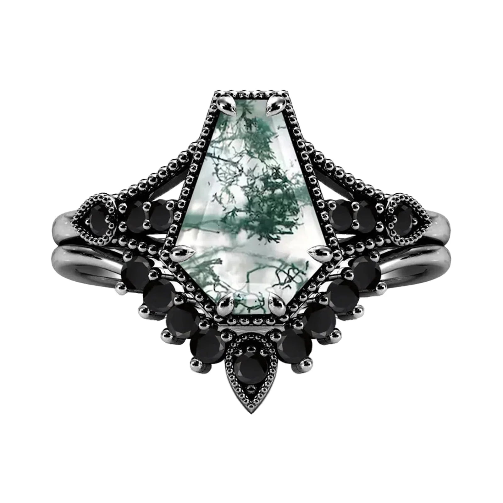 Fine Jewelry 925 Sterling Silver Black Rhodium Cubic Zircon Crown Moss Agate Ring