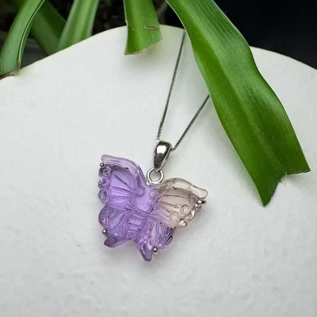 925 Sterling Silver Spiritual Healing Crystal Natural  Amethyst Ametrine butterfly Pendant for Balance Body and Mind