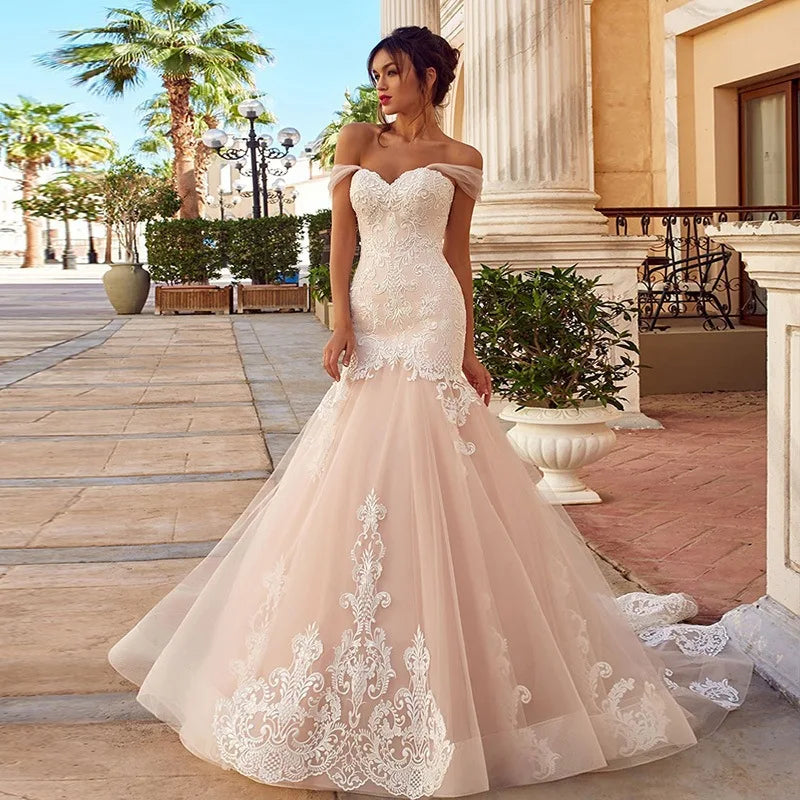 Sweet Off Shoulder Brush Train Mermaid Gowns Pink Trumpet Wedding Dresses